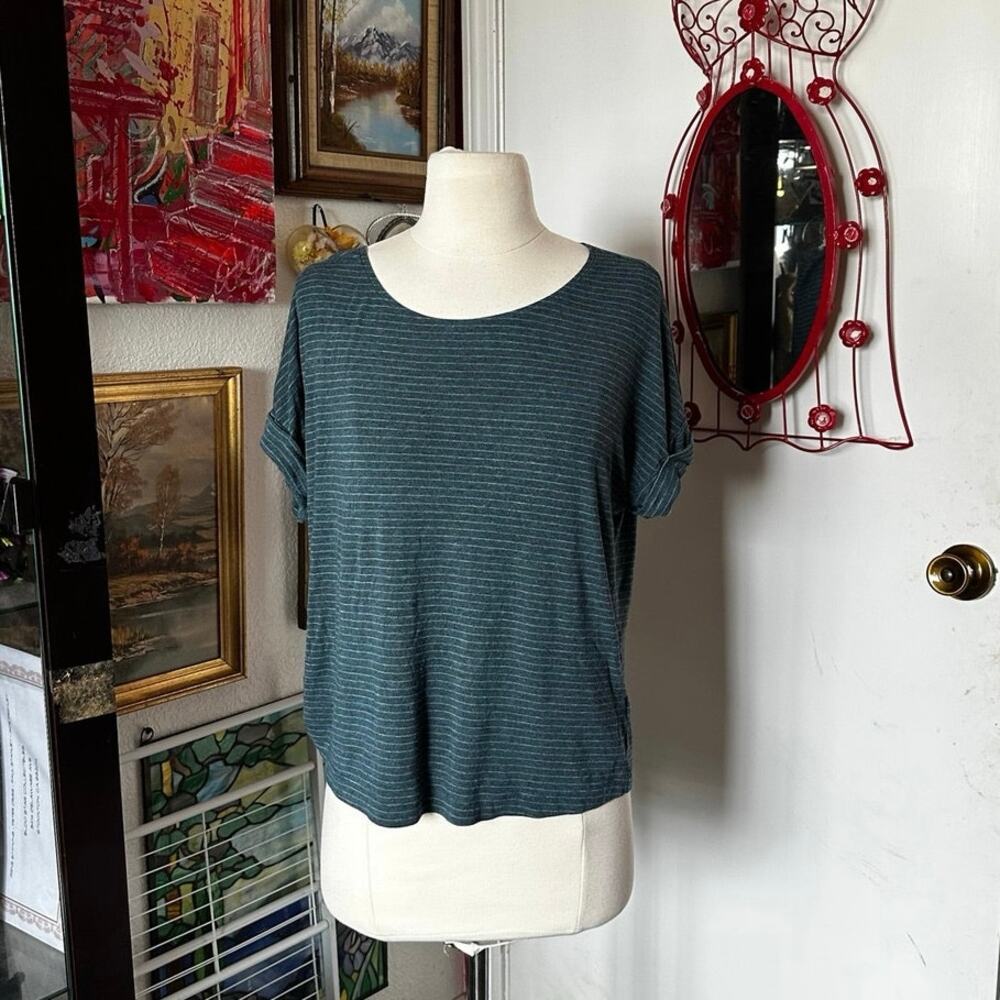 cabi blue and white striped short sleeve shirt